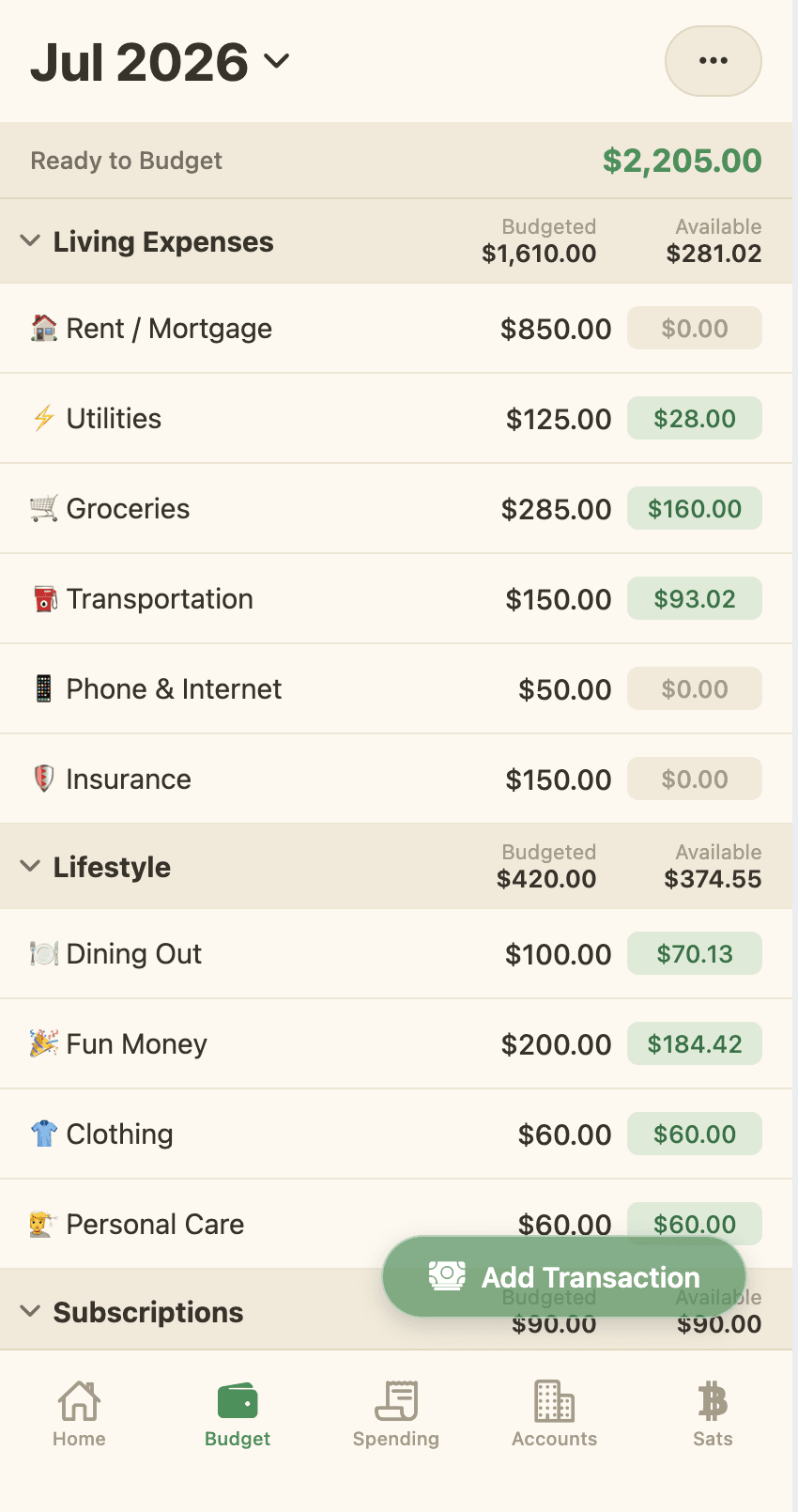 The Frugi Budget screen — categories with budgeted versus available.