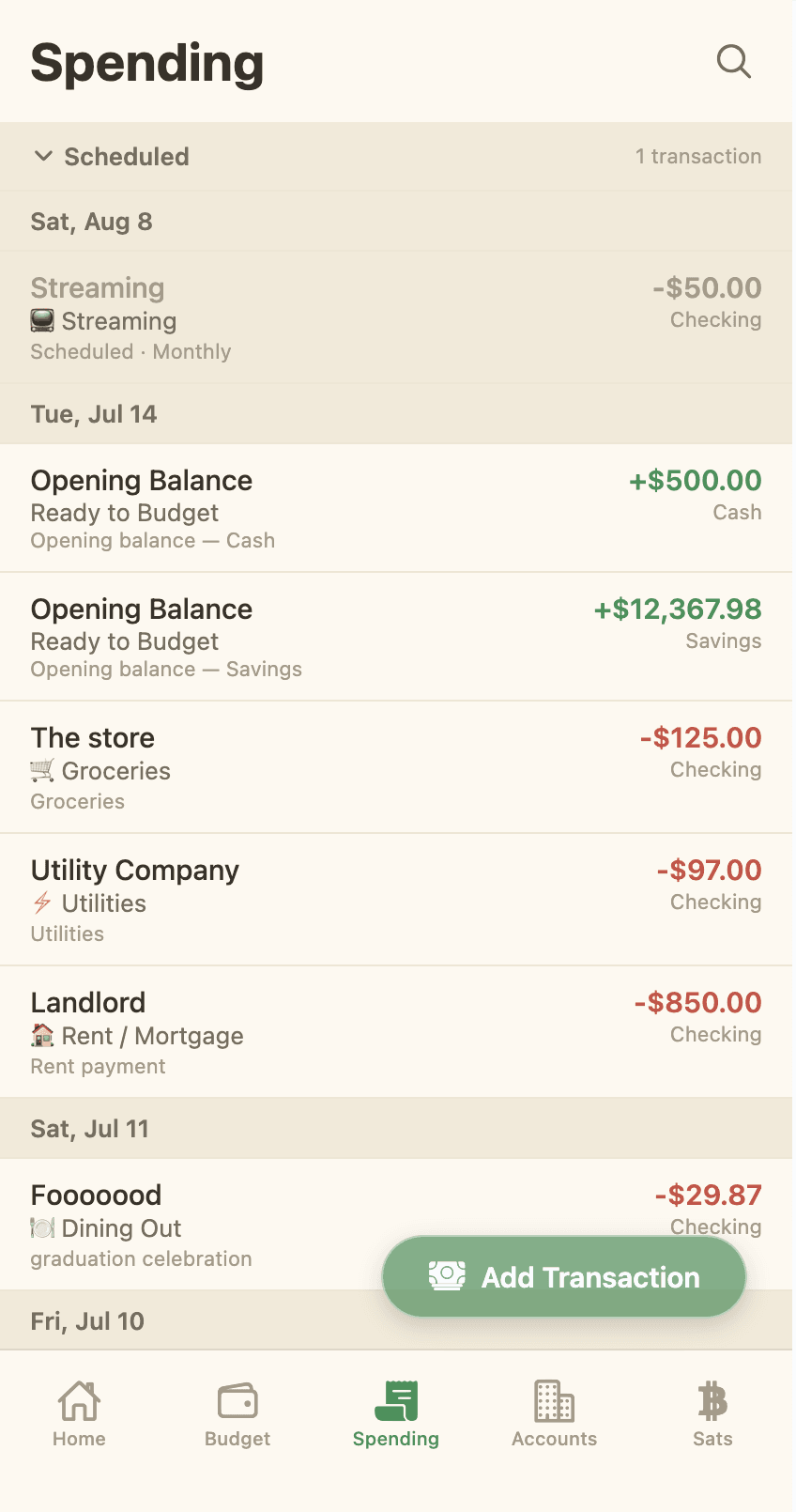 The Frugi Spending screen.